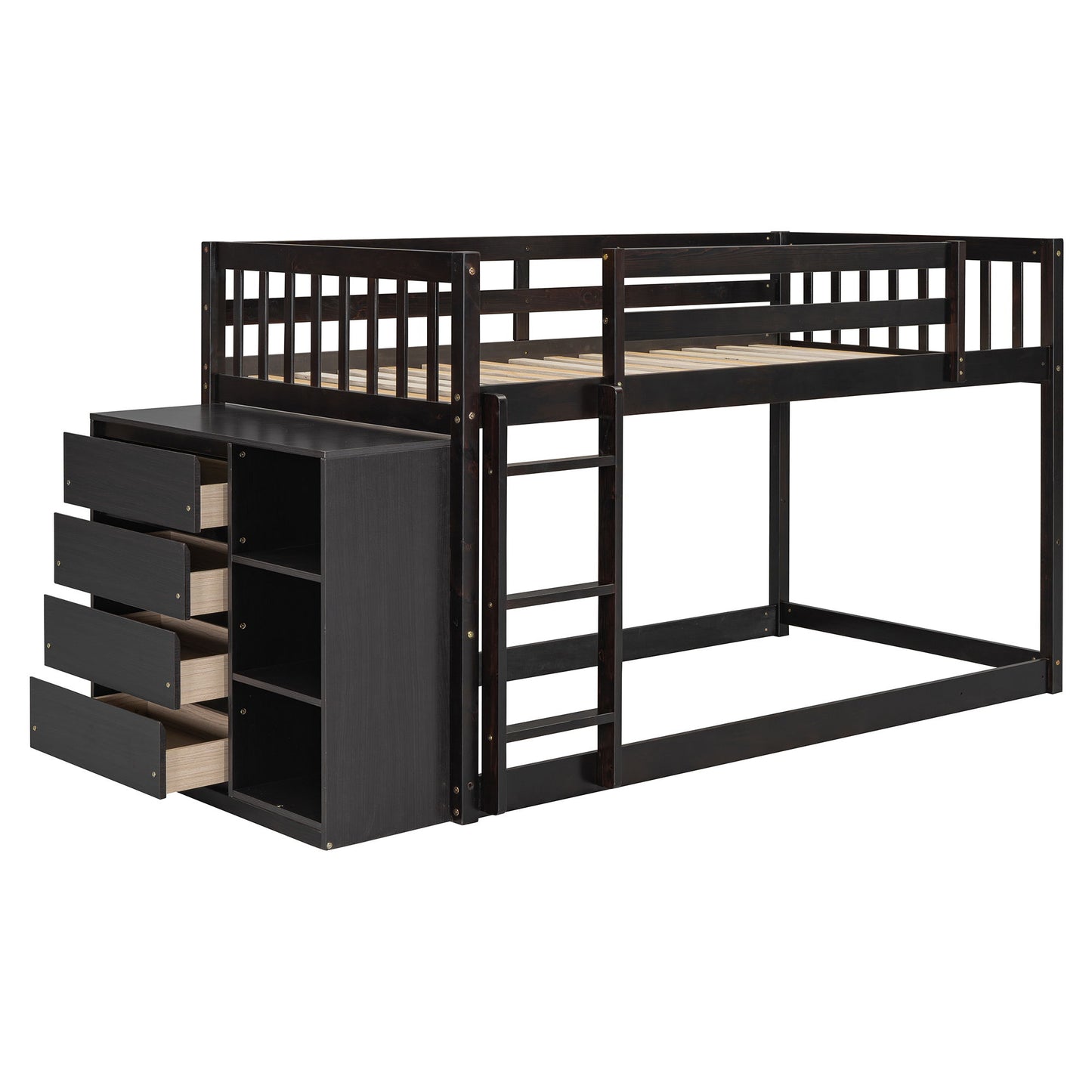 Twin Over Twin Classic Bunk Bed With 4 Drawers And 3 Shelves - Espresso