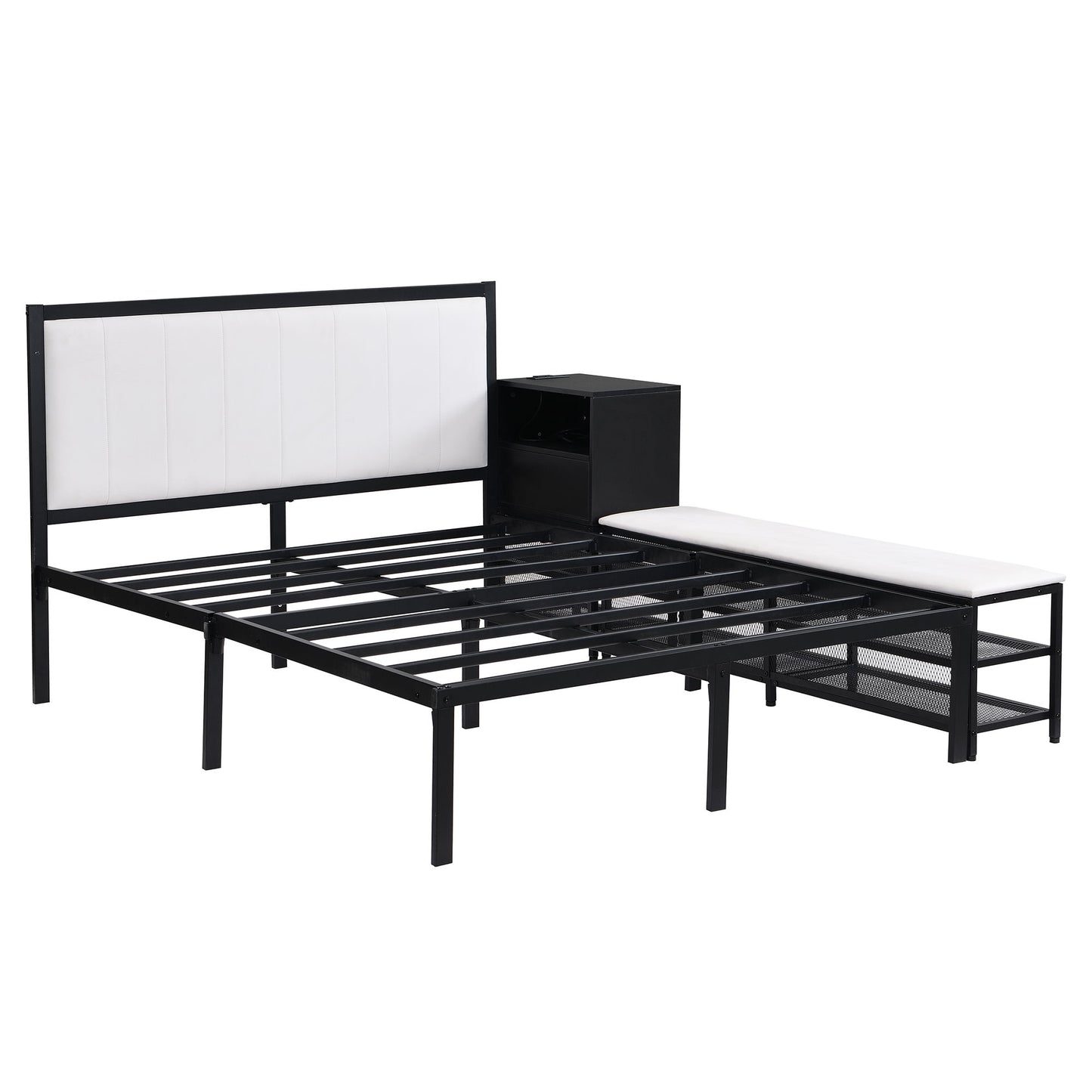 Full Size Platform Bed With 2 Tier Storage Shelves, Storage Cabinet - Black
