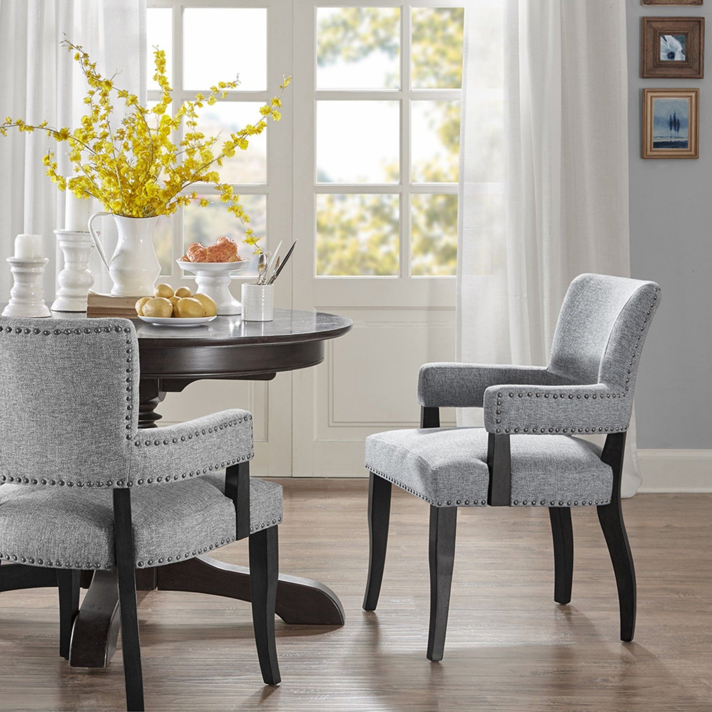 Contemporary Arm Dining Chair With Nailhead Trim - Gray / Black Noir