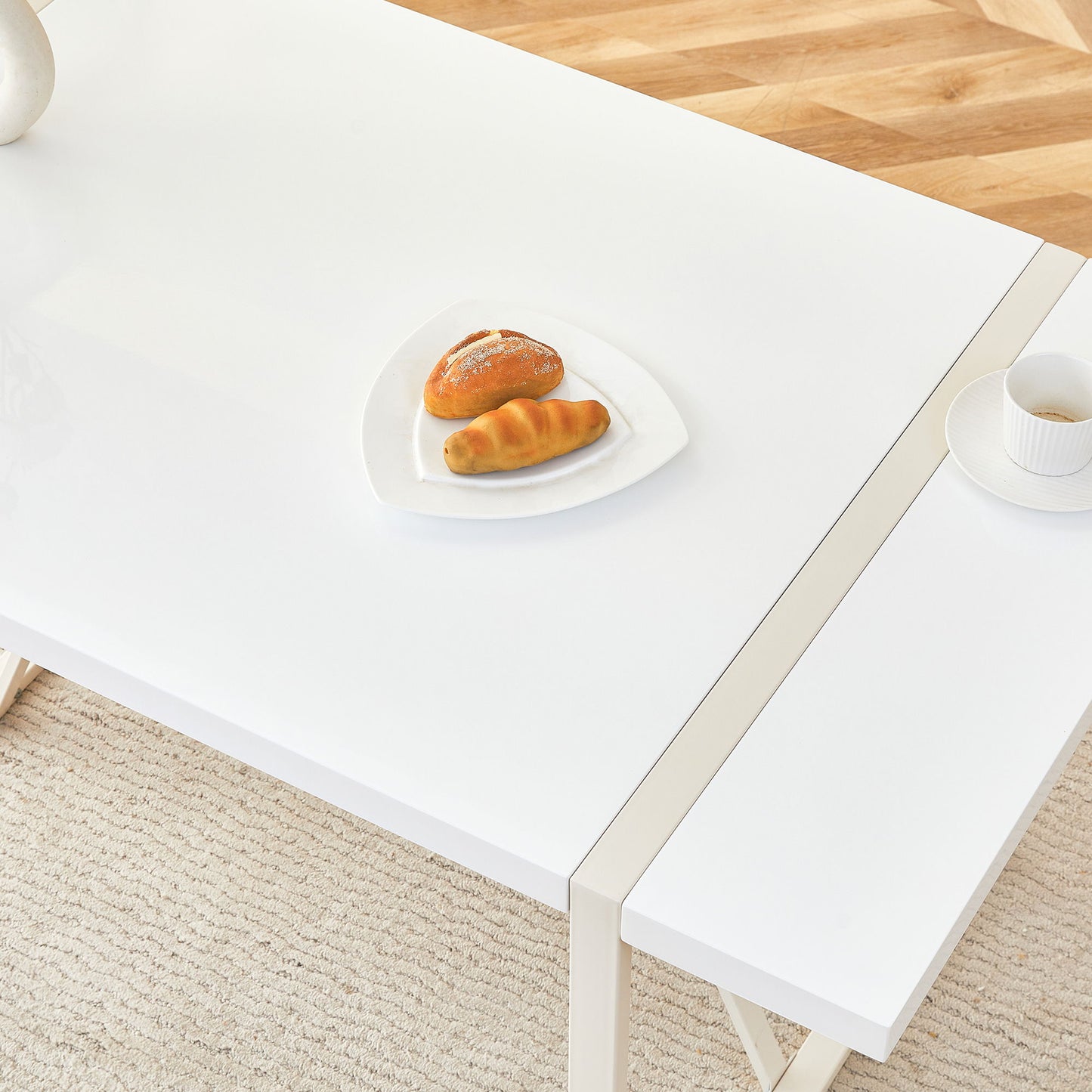 Industrial Rectangular Style Dining Table For 4 - 6 People With Thick Top And Metal Legs Frame - White