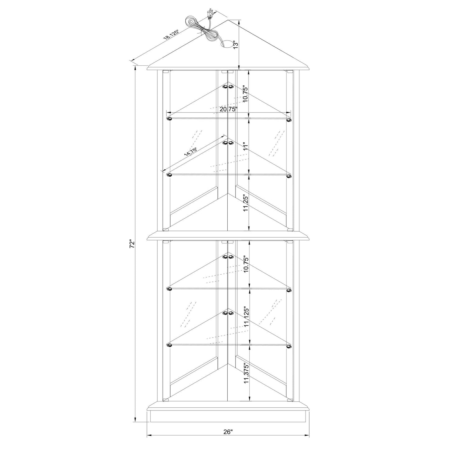 Corner Curio Dispaly Cabinet With Lights, Adjustable Tempered Glass Shelves, Mirrored Back (E26 Light Bulb Not Included) - Cherry