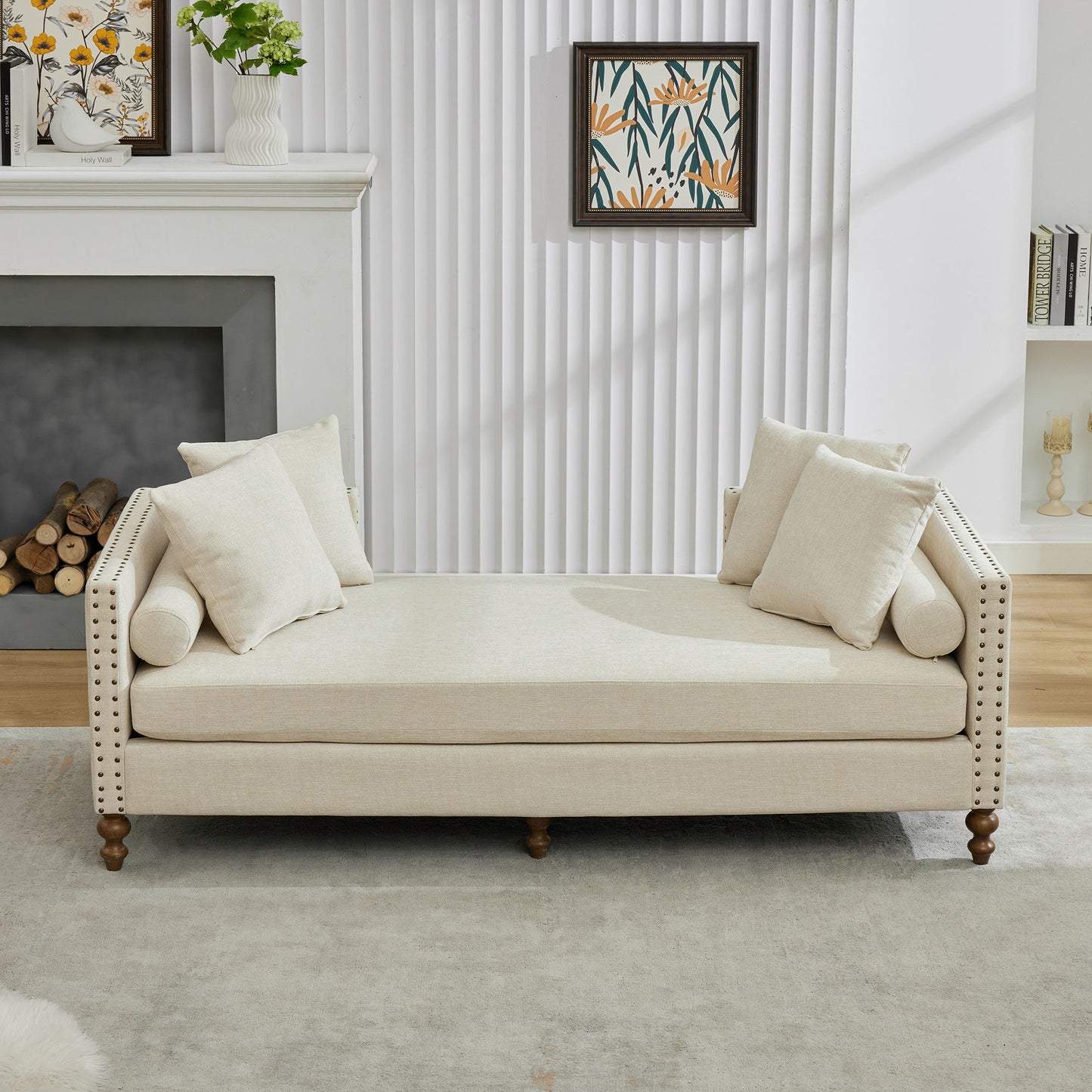 Chenille Upholstered Chaise Lounge With Nailheads, Sleeper Sofa Couch With 4 Throw Pillows & 2 Bolsters, Daybed With Rubberwood Legs - Beige