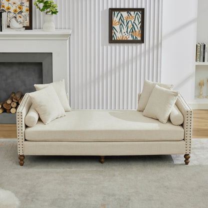 Chenille Upholstered Chaise Lounge With Nailheads, Sleeper Sofa Couch With 4 Throw Pillows & 2 Bolsters, Daybed With Rubberwood Legs - Beige