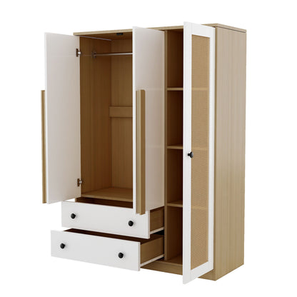 3 Doors Rattan Wardrobe Storage For Bedroom, With 2 Drawers - White / Nature
