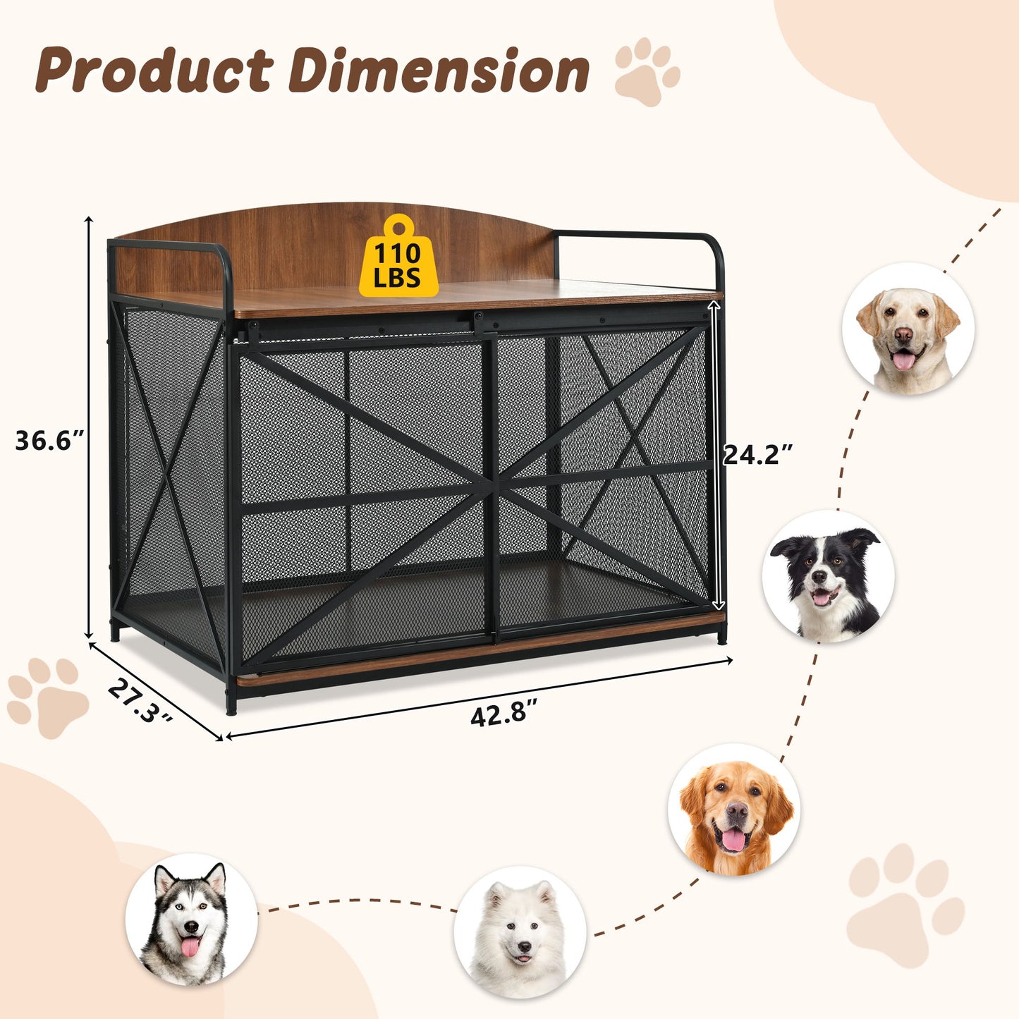 Heavy Duty Large Dog Crate Furniture For Large Medium Dog, Farmhouse Wooden Dog Kennel Indoor End Table, Decorative Pet House For Large Dogs - Brown