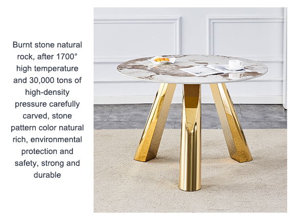 Stainless Steel Pattern Burning Stone Round Table Suitable For 2, 4 Or 6 People - Gold / White