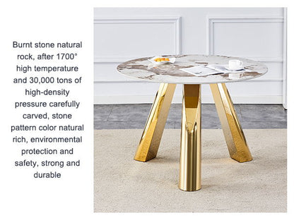 Stainless Steel Pattern Burning Stone Round Table Suitable For 2, 4 Or 6 People - Gold / White