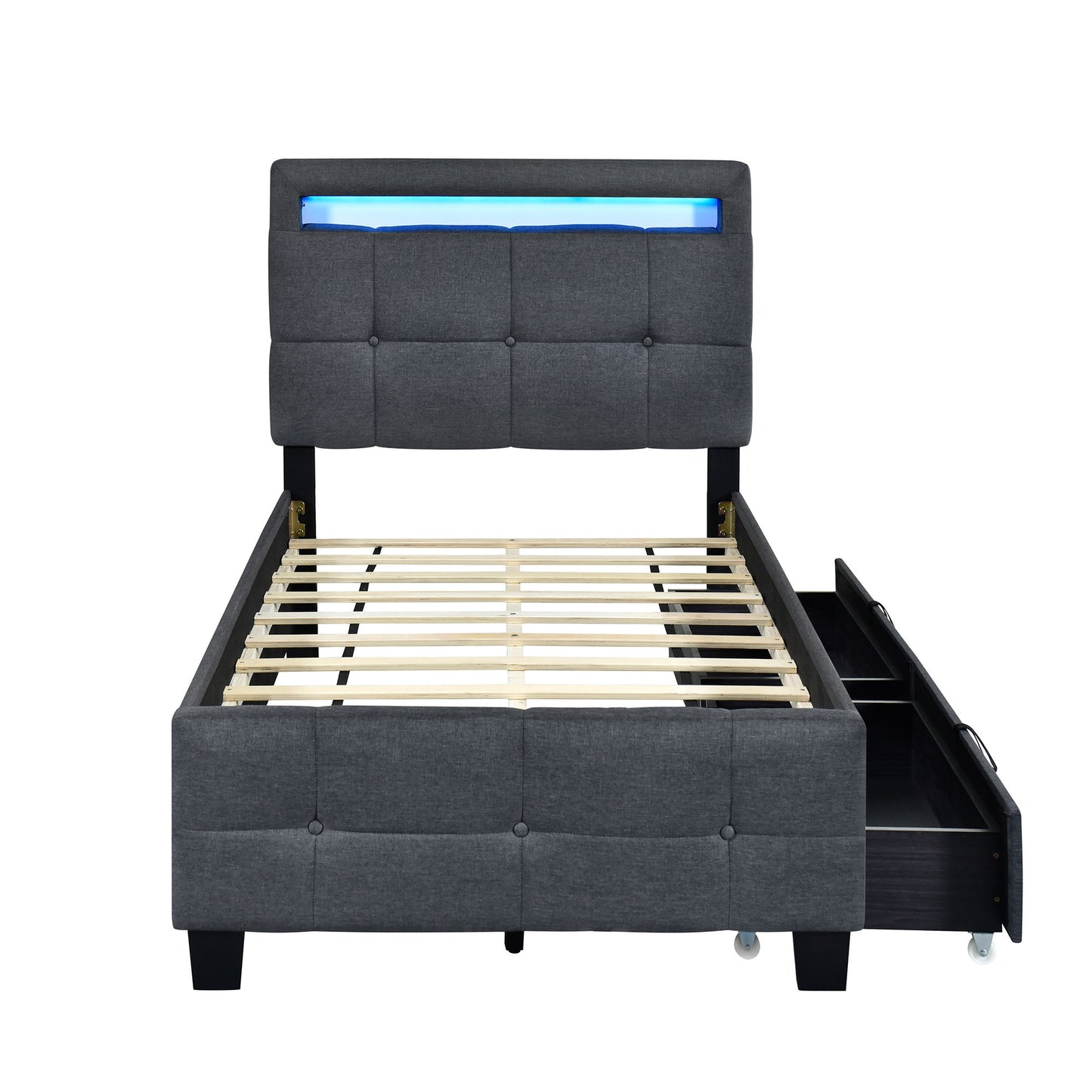 Twin Size Upholstered Platform Bed With LED Frame And 2 Drawers - Gray