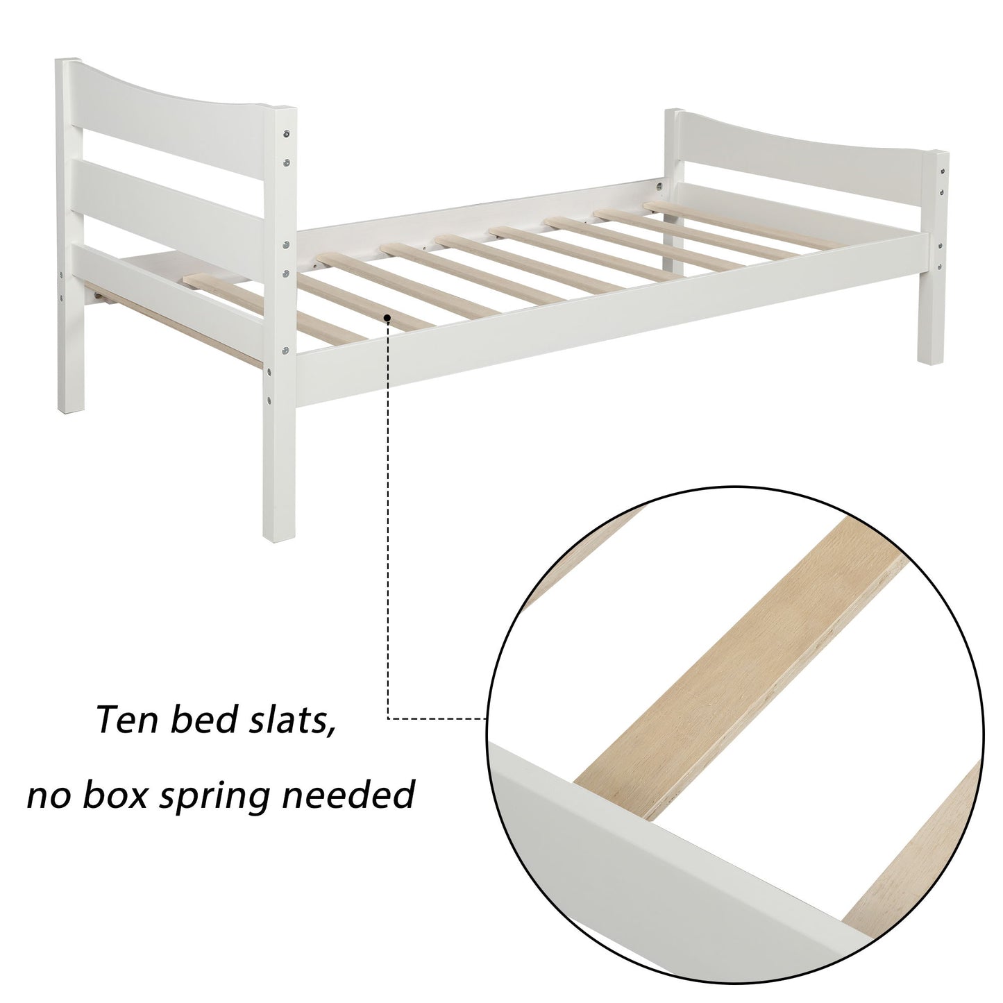 Twin Size Platform Bed With Headboard And Slat Support - White