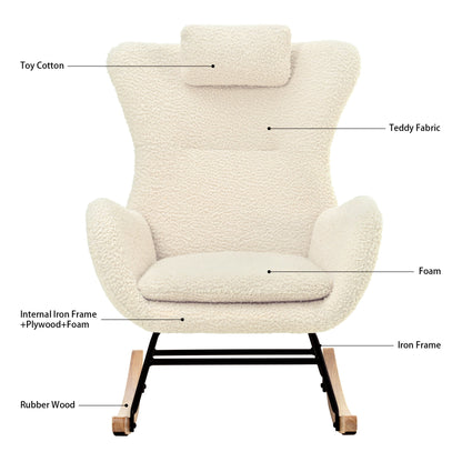 Rocking Chair Nursery, Teddy Upholstered Rocker Glider Chair With High Backrest, Adjustable Headrest & Pocket, Comfy Glider Chair For Nursery, Bedroom, Living Room, Offices, Rubber Wood - Beige
