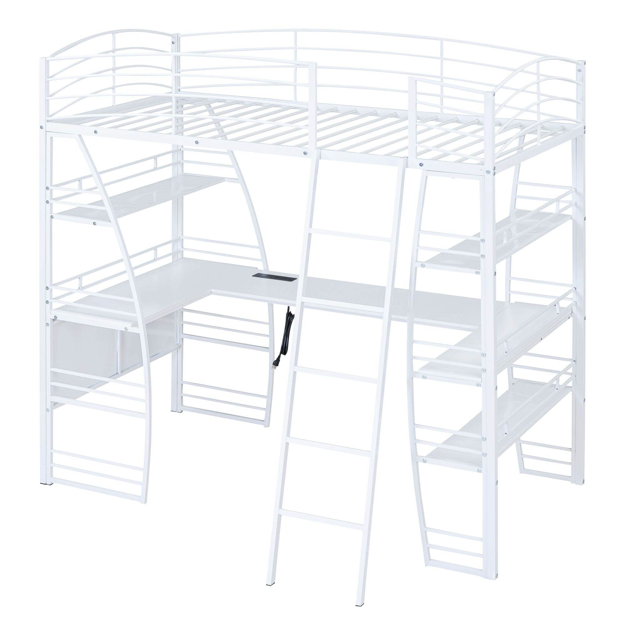 Twin Size Loft Bed With 4 Layers Of Shelves And L-Shaped Desk, Stylish Frame With A Set Of Sockets, USB Ports And And Wireless Charging - White