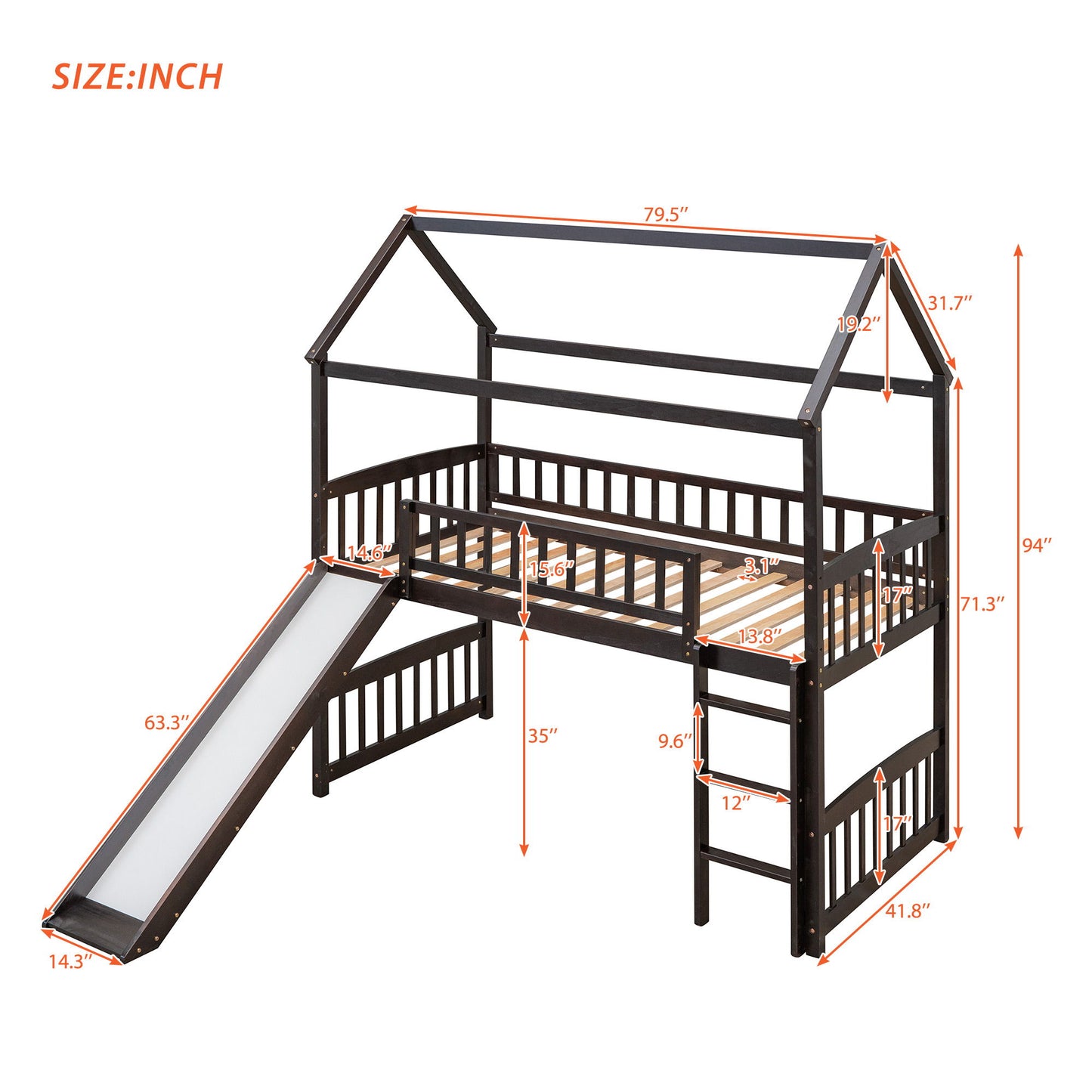 Twin House Loft Bed With Slide - Espresso