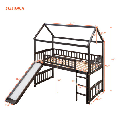 Twin House Loft Bed With Slide - Espresso
