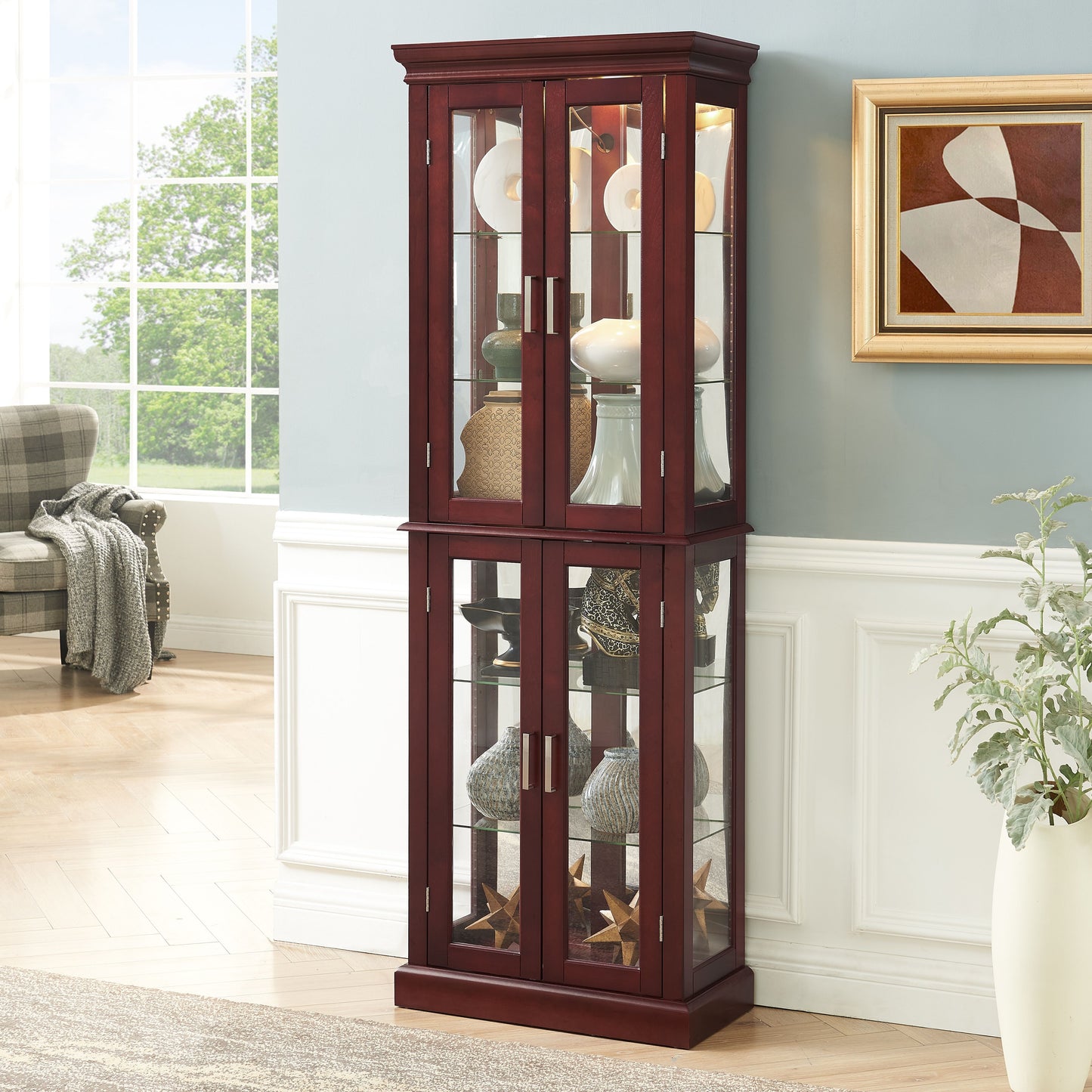 Curio Cabinet Lighted Curio Diapaly Cabinet With Adjustable Shelves And Mirrored Back Panel, Tempered Glass Doors 6 Tier, (E26 Light Bulb Not Included) - Cherry