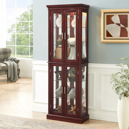 Curio Cabinet Lighted Curio Diapaly Cabinet With Adjustable Shelves And Mirrored Back Panel, Tempered Glass Doors 6 Tier, (E26 Light Bulb Not Included) - Cherry