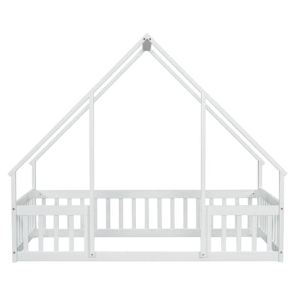 Twin Wood House-Shaped Floor Bed With Fence, Guardrails - White