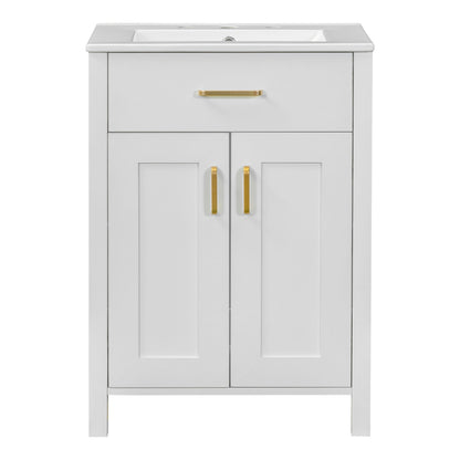 Bathroom Vanity Combo With Ceramic Sink, Luxurious Space-Saving Vanity, 2 Soft-Close Doors - Gold / White