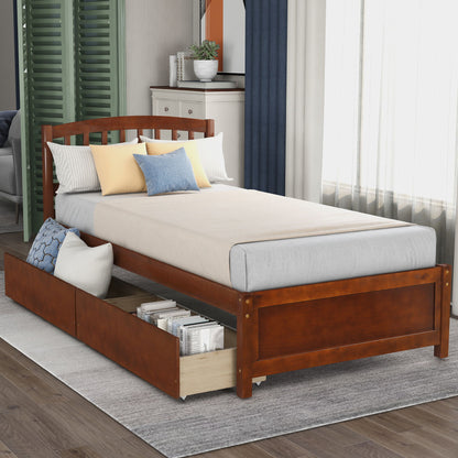 Twin Platform Storage Bed Frame With Two Drawers And Headboard - Walnut