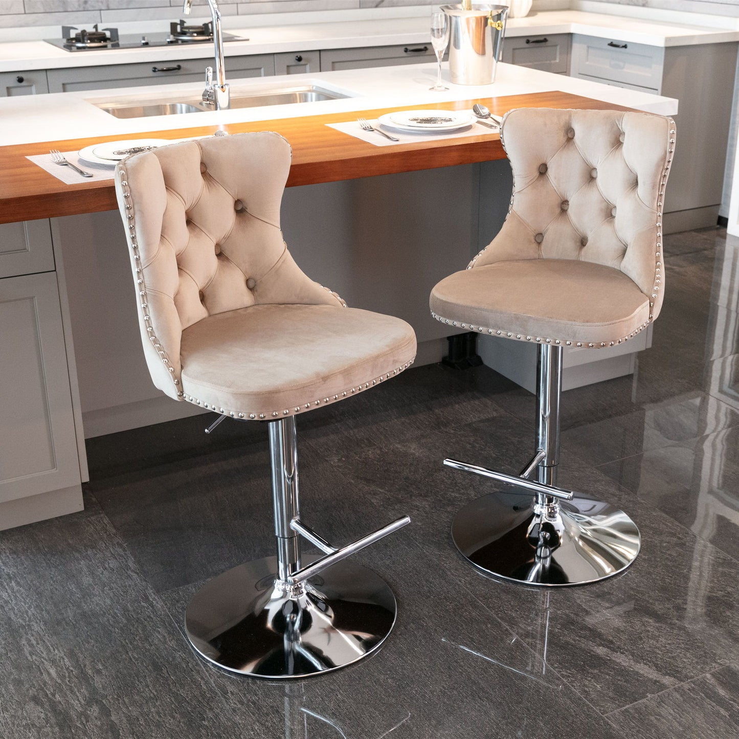 Swivel Velvet Barstools Adjusatble Seat Height From 25-33", Modern Upholstered Chrome Base Bar Stools With Backs Comfortable Tufted For Home Pub And Kitchen Island (Set of 2) - Khaki