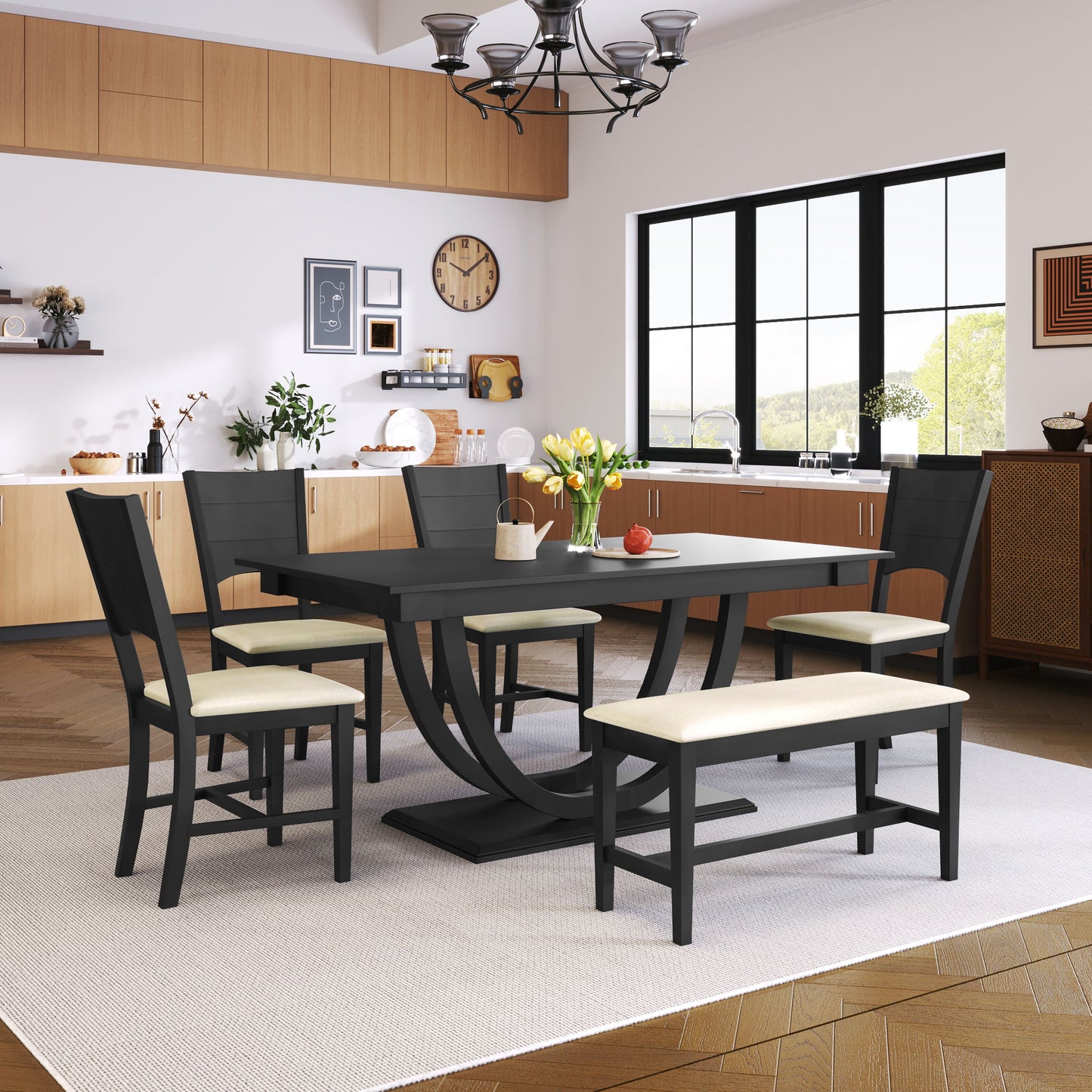 Topmax - 6 Piece Wood Half Round Dining Table Set Kitchen Table Set With Long Bench And 4 Dining Chairs, Modern Style - Gray