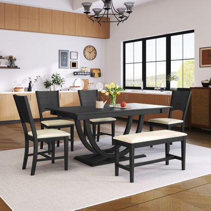Topmax - 6 Piece Wood Half Round Dining Table Set Kitchen Table Set With Long Bench And 4 Dining Chairs, Modern Style - Gray