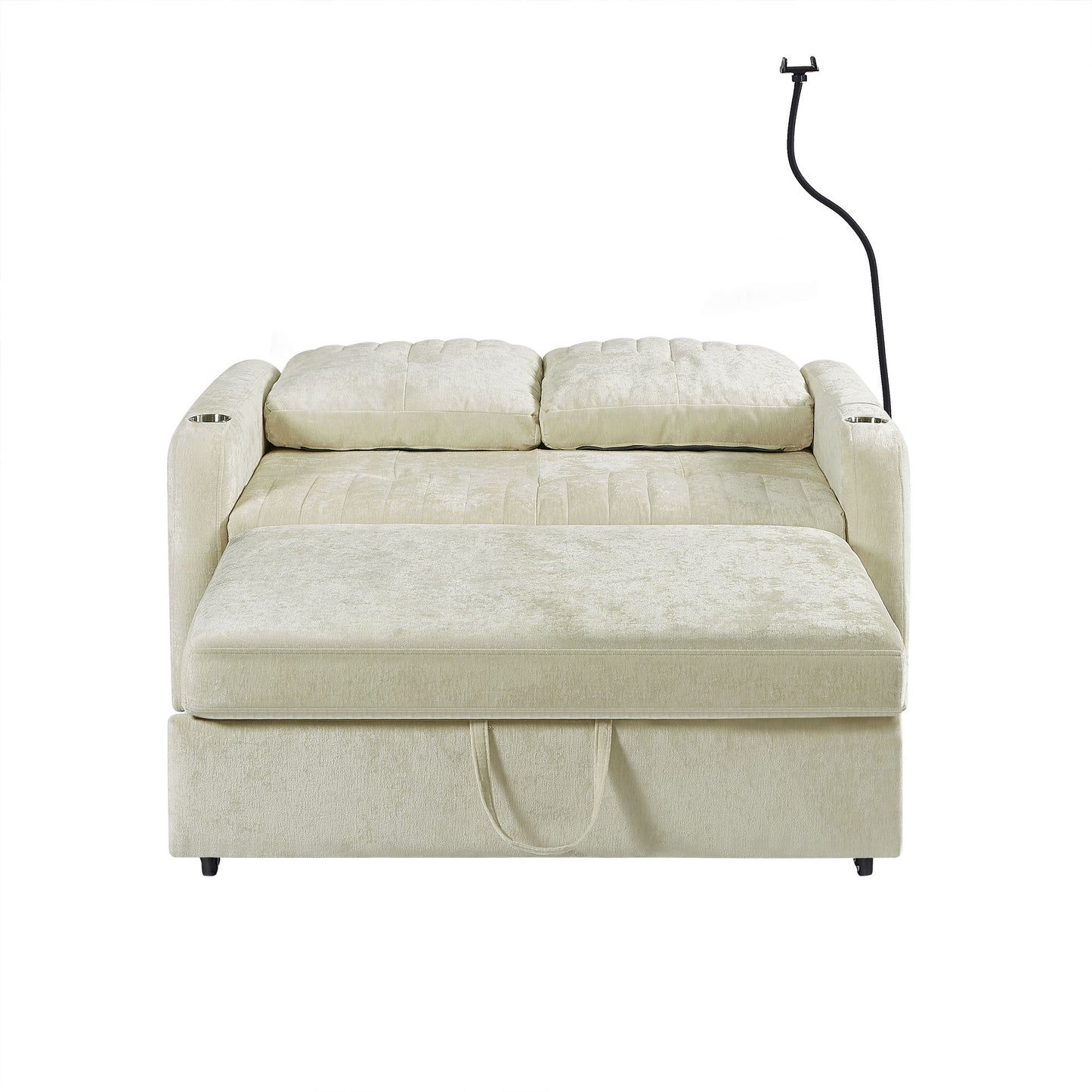 Modern Loveseat Pull Out Sofa Bed With Adjustable Backrest, Two Cup Holders, A Phone Holder, Three Charging Ports And Side Storage Pockets For Living Room - Beige