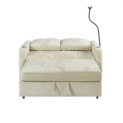 Modern Loveseat Pull Out Sofa Bed With Adjustable Backrest, Two Cup Holders, A Phone Holder, Three Charging Ports And Side Storage Pockets For Living Room - Beige