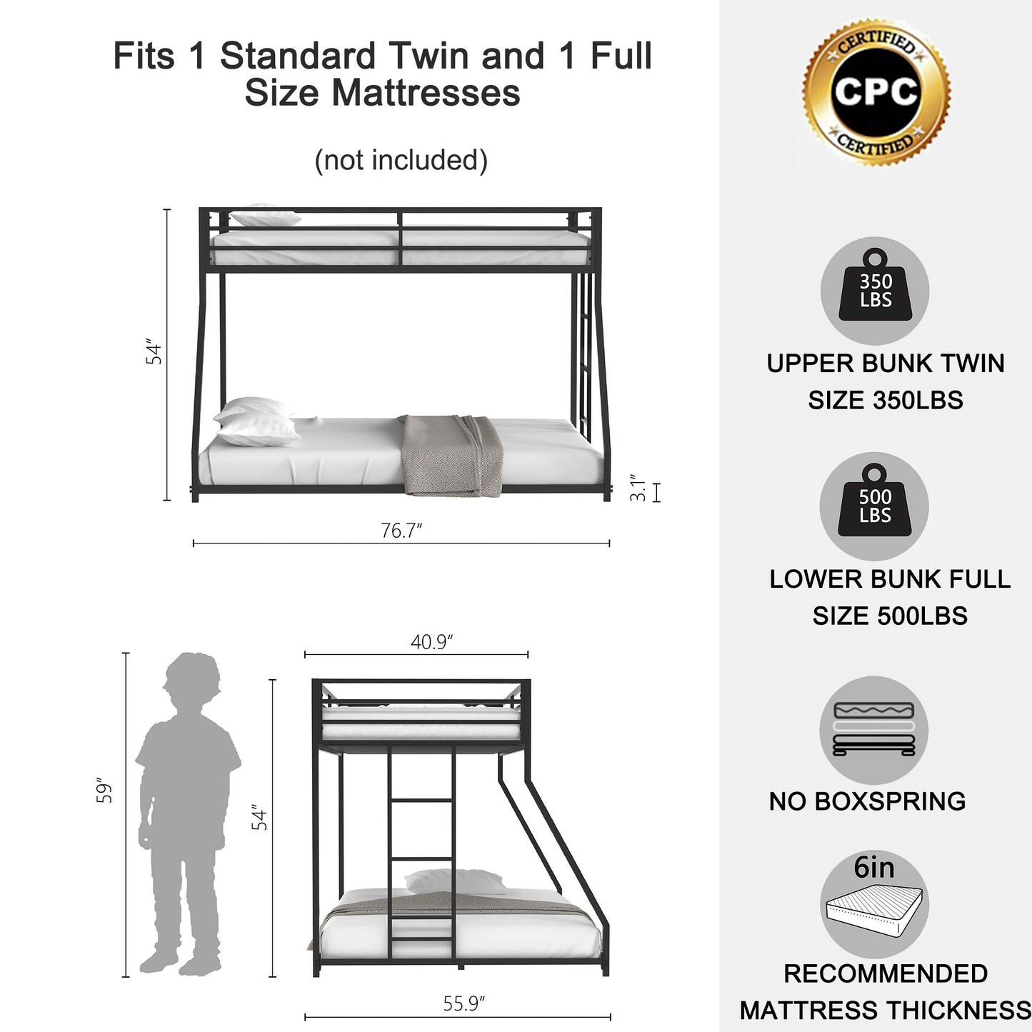 Adam - Twin Over Full Metal Bunk Bed - Black Metal