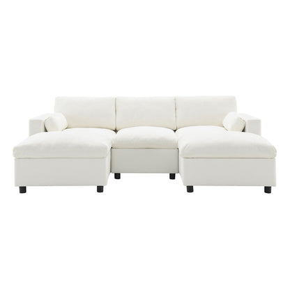 Modular Sectional With Storage Pockets, 5 Seat U Shaped Couch Set With Pillows Free Combination Modern Cloud Sofa With 2 Movable Ottoman - White