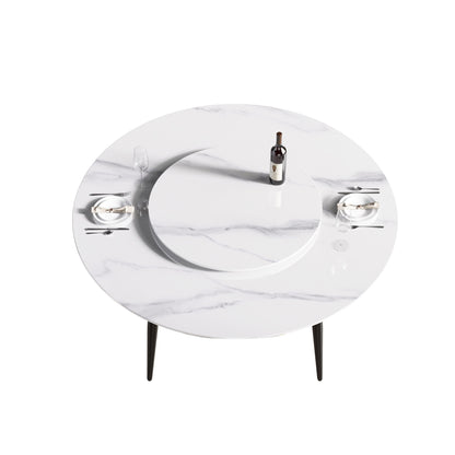 59.05" Modern Artificial Stone Round Metal Dining Table, Can Accommodate 6 People Artificial Stone Turntable - White / Black