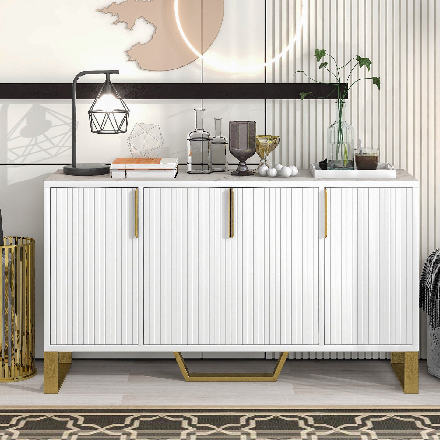 Modern Sideboard With Four Doors, Metal Handles & Legs And Adjustable Shelves Kitchen Cabinet - White