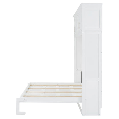 Queen Size Murphy Wall Bed With Top Cabinets & Wine Rack - White