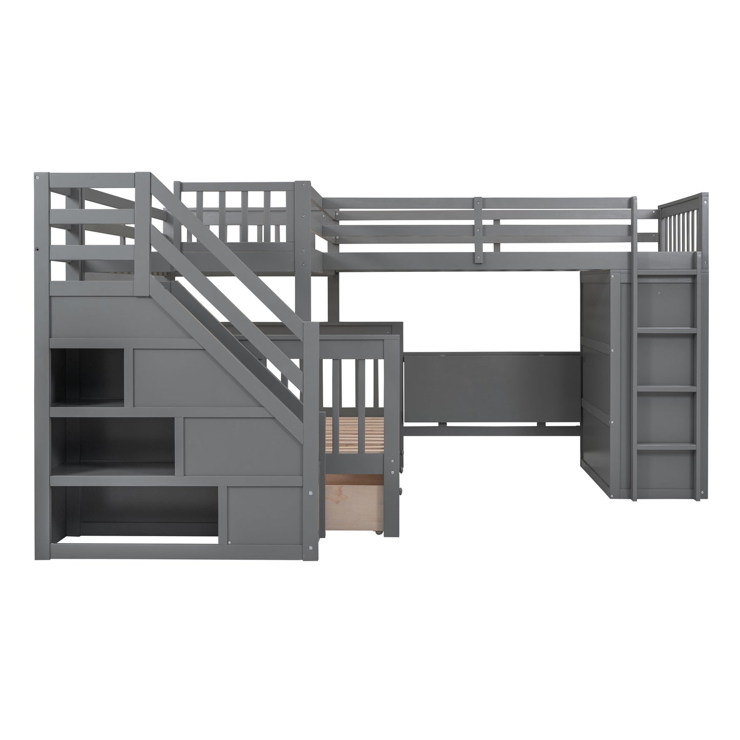 Twin Twin Over Full L Shaped Bunk Bed With 3 Drawers, Portable Desk And Wardrobe - Gray