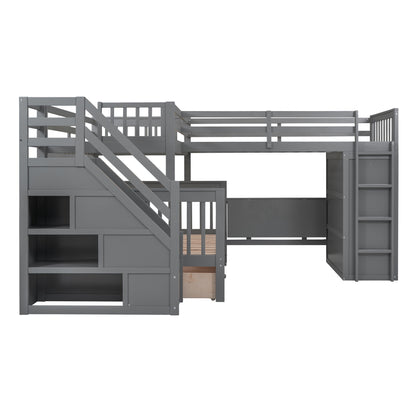 Twin Twin Over Full L Shaped Bunk Bed With 3 Drawers, Portable Desk And Wardrobe - Gray