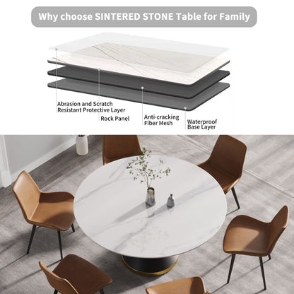 59.05" Modern Artificial Stone Round Carbon Steel Base Dining Table, Can Accommodate 6 People - White / Black