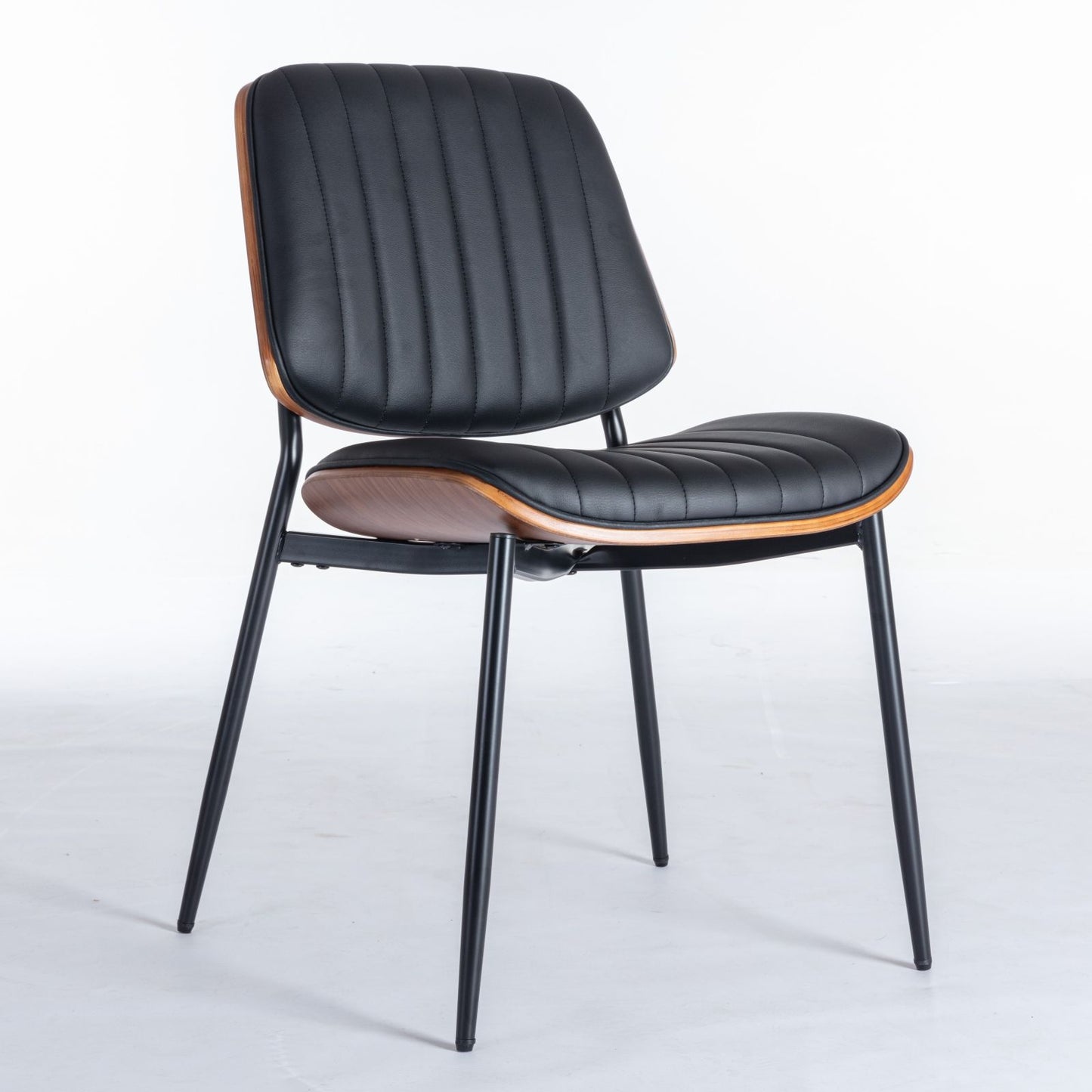 Dining Chairs Mid-Century Modern Retro Faux Leather Chair With Walnut Bentwood Back Upholstered Seat Metal Legs Adjustable Foot For Kitchen Dining Room Chairs (Set of 2) - Black