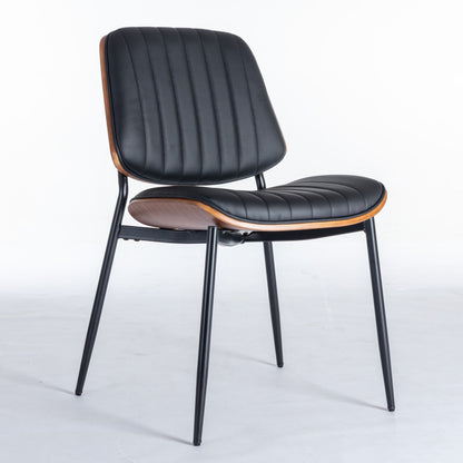 Dining Chairs Mid-Century Modern Retro Faux Leather Chair With Walnut Bentwood Back Upholstered Seat Metal Legs Adjustable Foot For Kitchen Dining Room Chairs (Set of 2) - Black