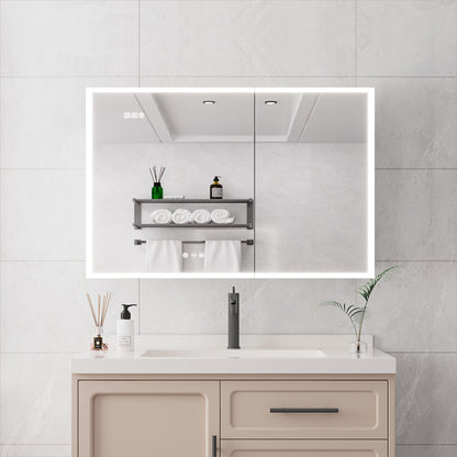 Bathroom Medicine Cabinet With Lights, LED Medicine Cabinet With Mirror, Double Door Lighted Medicine Cabinet & Defogger, Dimmer, Clock & Temp Display, 2 Outlets & USB Ports - Silver