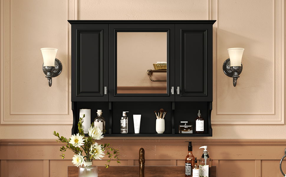 Wall Mounted Bathroom Medicine Cabinet, Modern Bathroom Wall Cabinet With Mirror, Mirror Cabinet With Open Shelves - Black