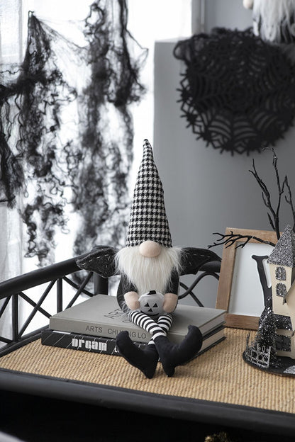Sitting Gnome With Wings & Plaid Hat, For Halloween Decor - Black White