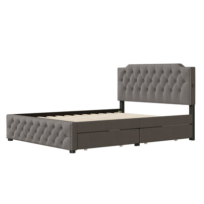 Queen Size Upholstered Platform Bed With 2 Drawers And 2 Sets Of USB Ports On Each Side - Gray