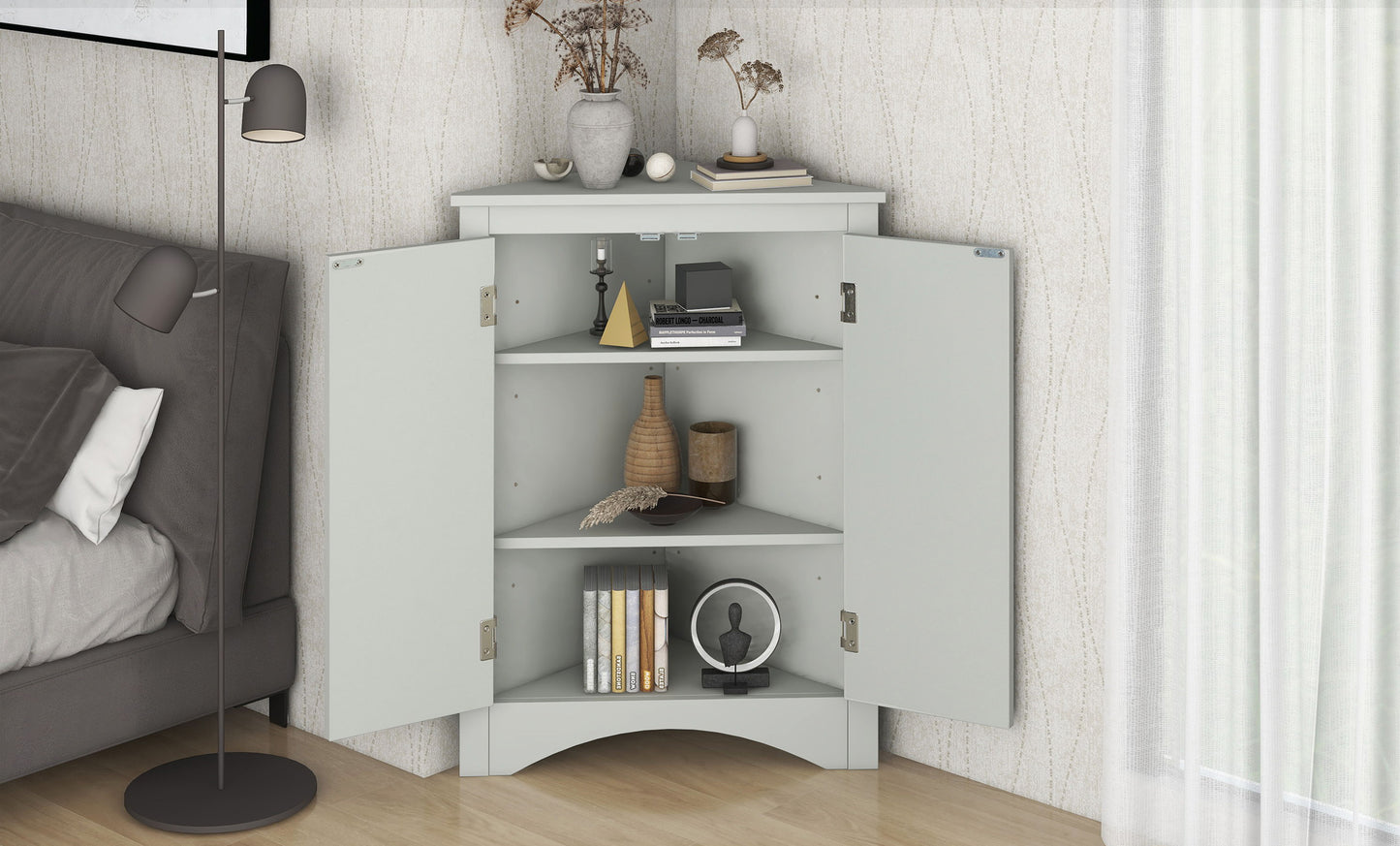 Triangle Bathroom Storage Cabinet With Adjustable Shelves, Freestanding Floor Cabinet For Home Kitchen - Gray