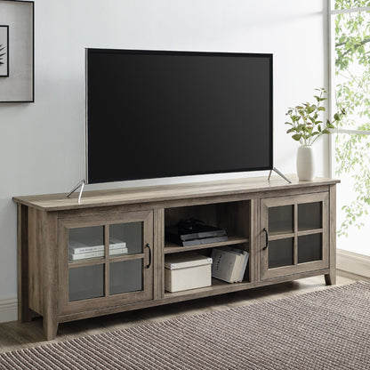 Modern Farmhouse 2 Door Glass Windowpane 70" TV Stand For 80" TVs - Gray Wash