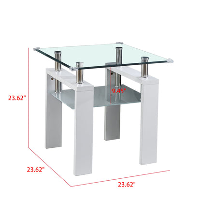 Clear Glass Top Side Table, End Table, Modern Design For Home - White