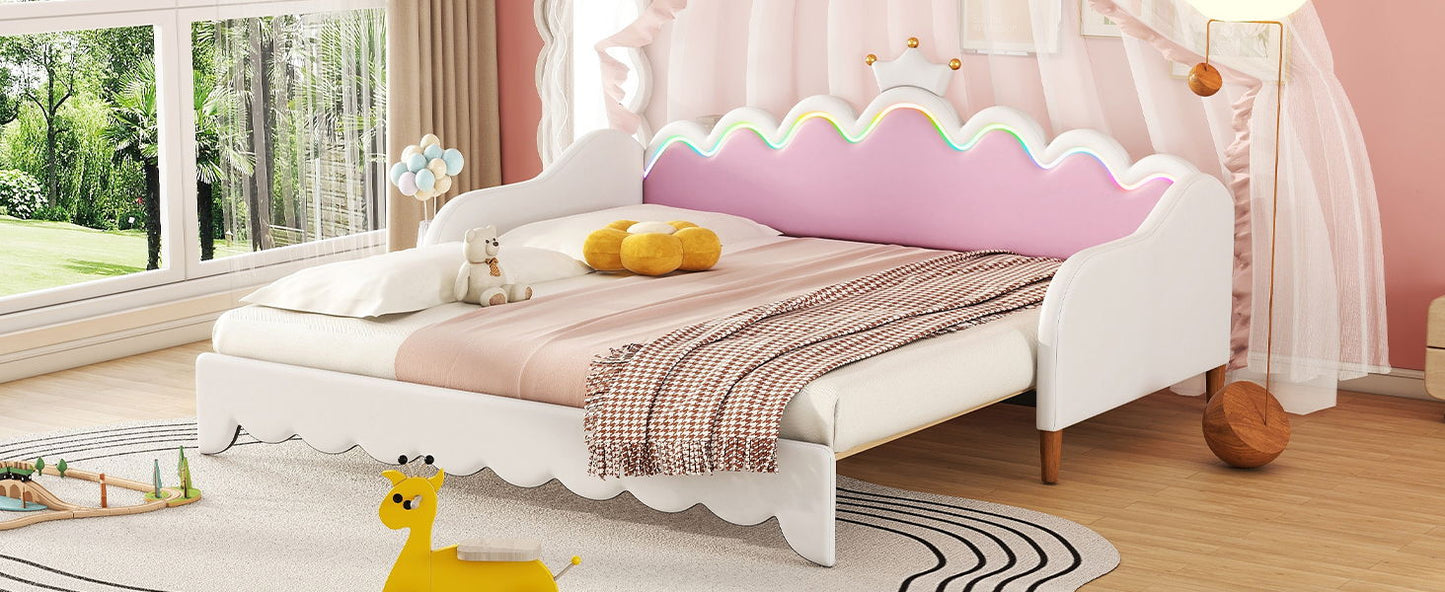 Twin Extending Daybed With LED Lights, Modern Upholstered Princess Daybed With Crown Headboard - White
