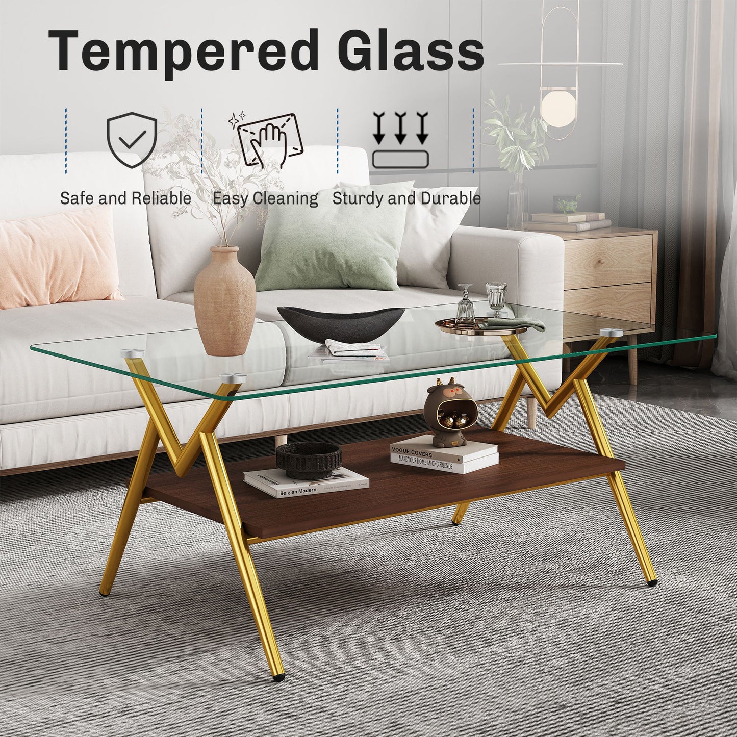 Rectangle Coffee Table With Tempered Glass Top And Golden Metal Legs, Modern Table For Living Room, Transparent Glass - Gold / Dark Brown