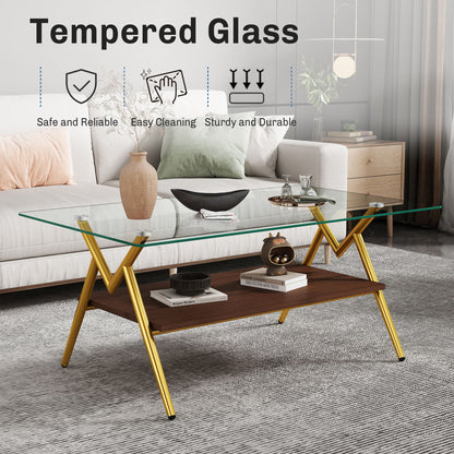 Rectangle Coffee Table With Tempered Glass Top And Golden Metal Legs, Modern Table For Living Room, Transparent Glass - Gold / Dark Brown