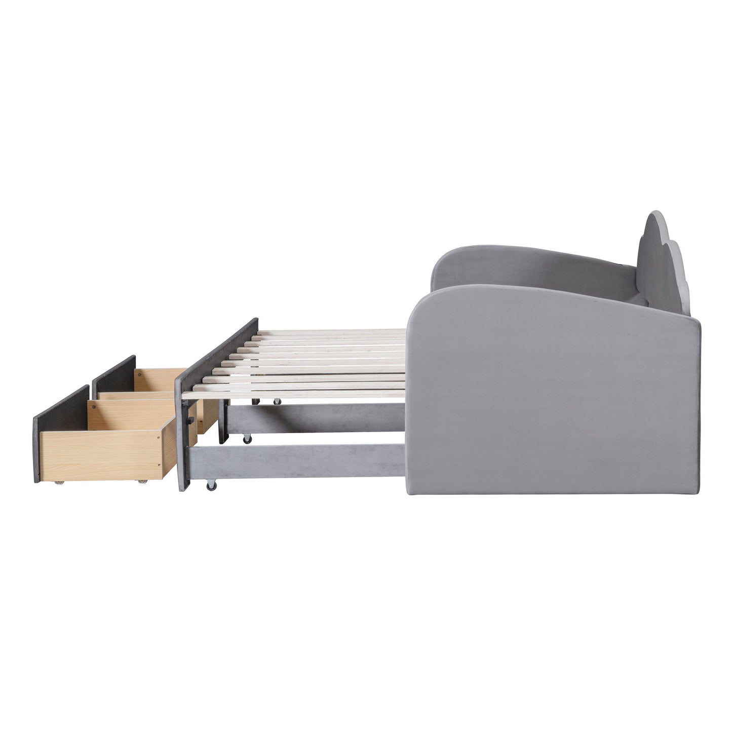 Twin Size Upholstered Daybed With Cloud-Shaped Backrest, Trundle & 2 Drawers And USB Ports - Gray