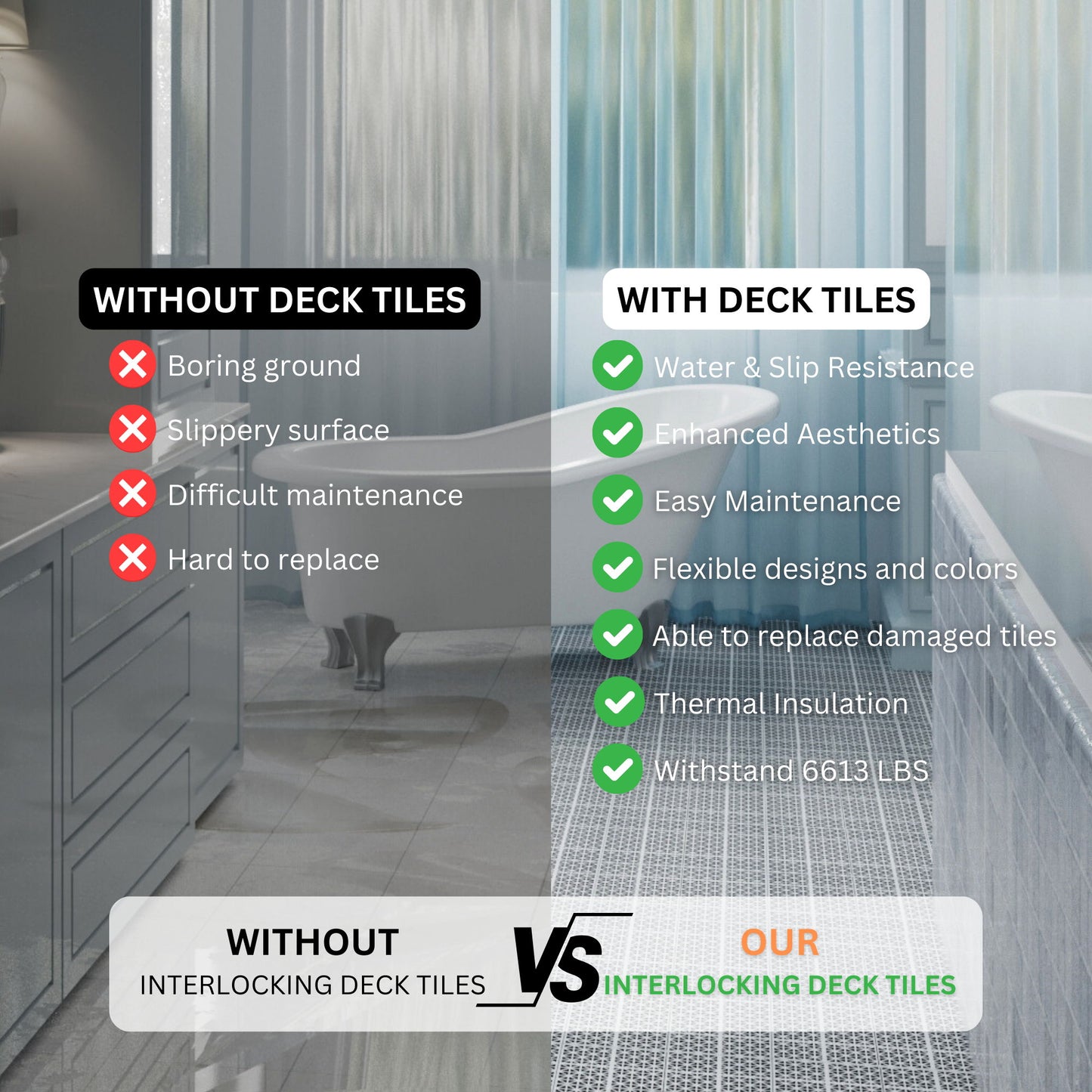 Interlocking Deck Tiles Plastic Waterproof Outdoor All Weather Anti-Slip Bathroom Shower Balcony Porch Strong Weight Capacity Upto 6613 Lbs, Rosette Pattern Pack Of 12 - Gray