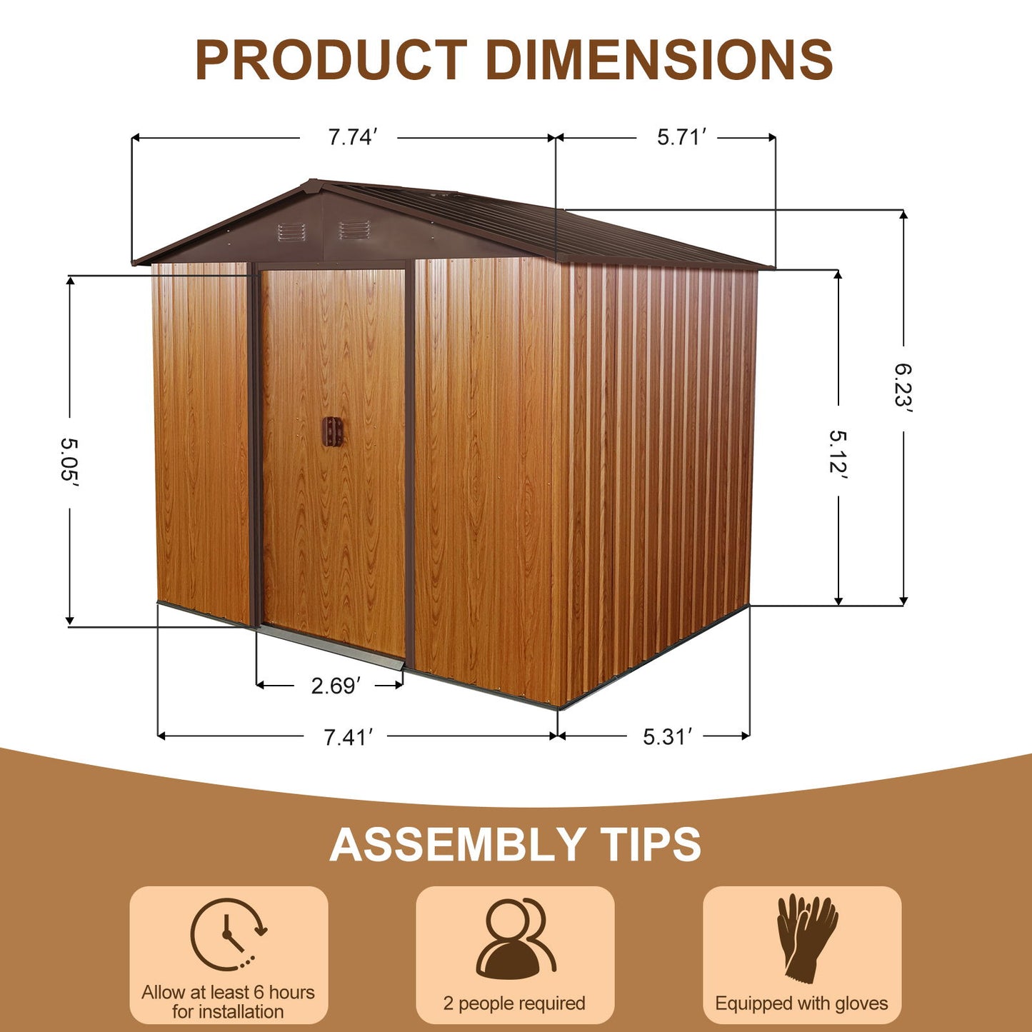 Outdoor Metal Storage Shed With Floor Base - Coffee
